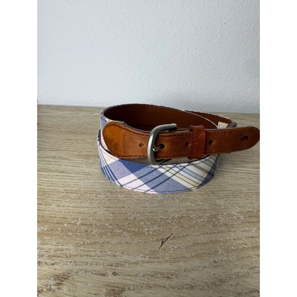Brooks Brothers Mens Plaid Cotton and Leather Belt Brown Blue Pink Size Large